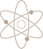 Minimalistisches Atom-Symbol mit kreisenden Elektronen, stilisierte wissenschaftliche Darstellung.